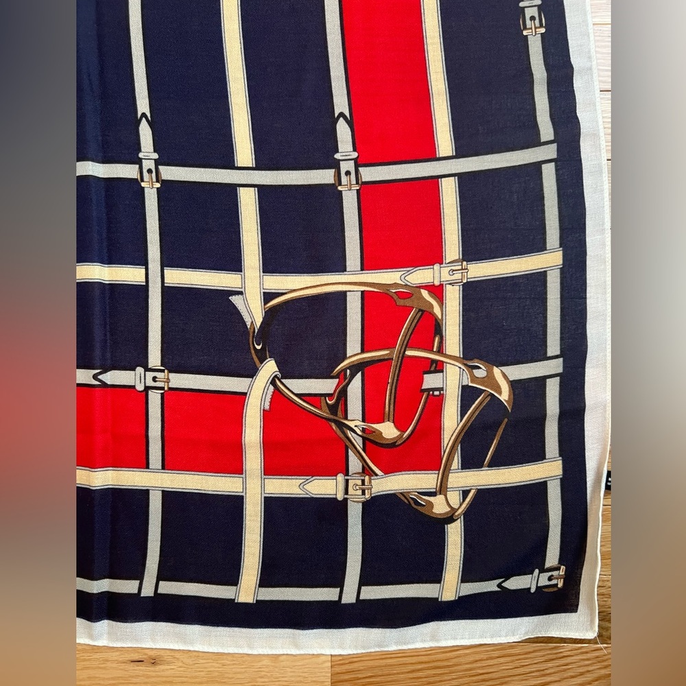 Equestrian Print Scarf in Navy, Red & Cream